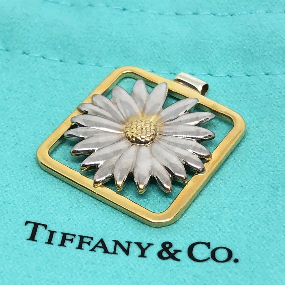 Tiffany & CO Two Tone 18k Gold Sterling Silver 925 Daisy Square Frame Pendant